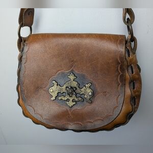 Vintage Rustic Hand Tooled Leather Shoulder Bag Tan Color Medieval Style Boho